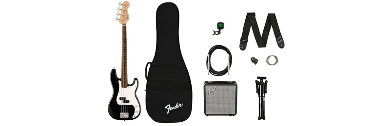 Squier by Fender Debut Collection Precision Bass Electric Guitar Pack. Includes Rumble 15 Amp, Gig Bag, Strap, Cable, Picks, Tuner, Stand, Extra Strings + 3 month Subscription to Fender Play