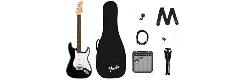 Squier by Fender Debut Collection Stratocaster Electric Guitar Pack. Includes Frontman 10G Amp, Gig Bag, Strap, Cable, Picks, Tuner, Stand, Extra Strings + 3 month Subscription to Fender Play