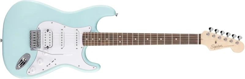 Squier by Fender Debut Collection HSS Stratocaster Electric Guitar, Laurel Fingerboard, White Pickguard, Daphne Blue