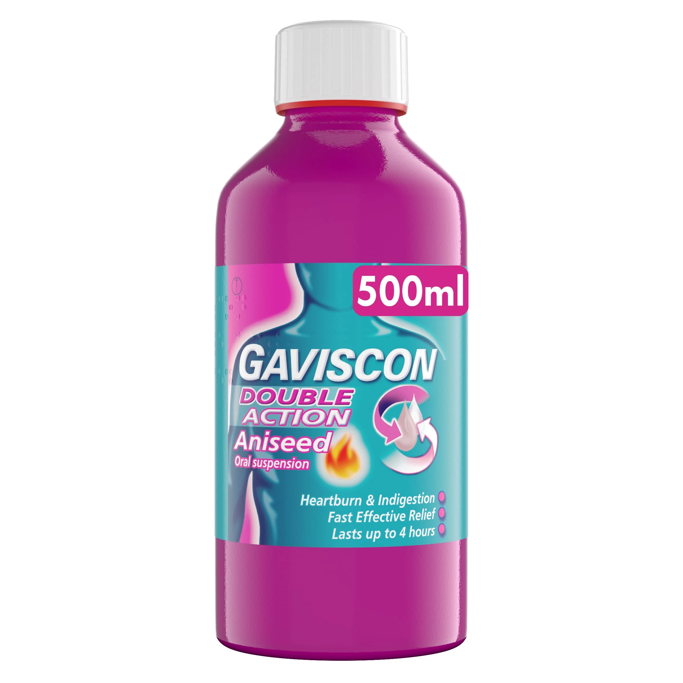 Gaviscon Double Action Aniseed Liquid 500ml - Heartburn, Indigestion, Stomach Pain, Acid Reflux Relief, Digestive Health, Long-Lasting Antacid, Pregnancy Safe