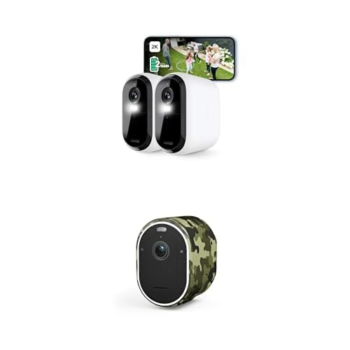 Arlo Essential 2K XL Battery Security Camera Outdoor Wireless, with Camo Skins, Home Video Camera With Colour Night Vision, Light, Siren, 2 Way Audio & WiFi, Secure Free Trial, 2 Cameras, White