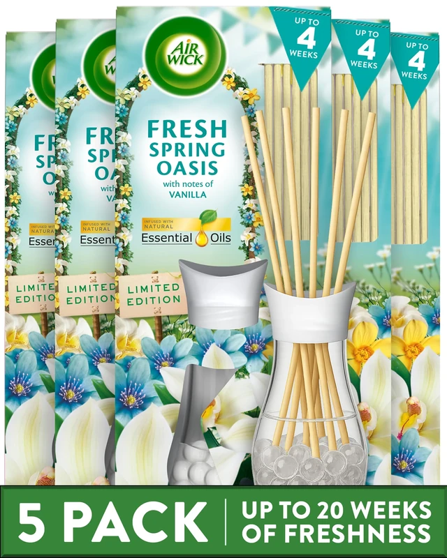 Air Wick Fresh Spring Oasis Essential Oils Reeds Diffuser 25ml. Lasts for up to 4 weeks. Air Freshener (Pack of 5)