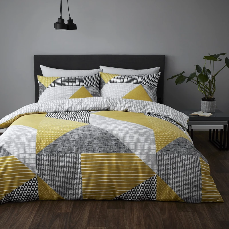 Catherine Lansfield Larsson Geo Ochre Duvet Cover Set 160 x 220 + 50 x 80 cm and Fitted Sheet 90 x 200 cm White