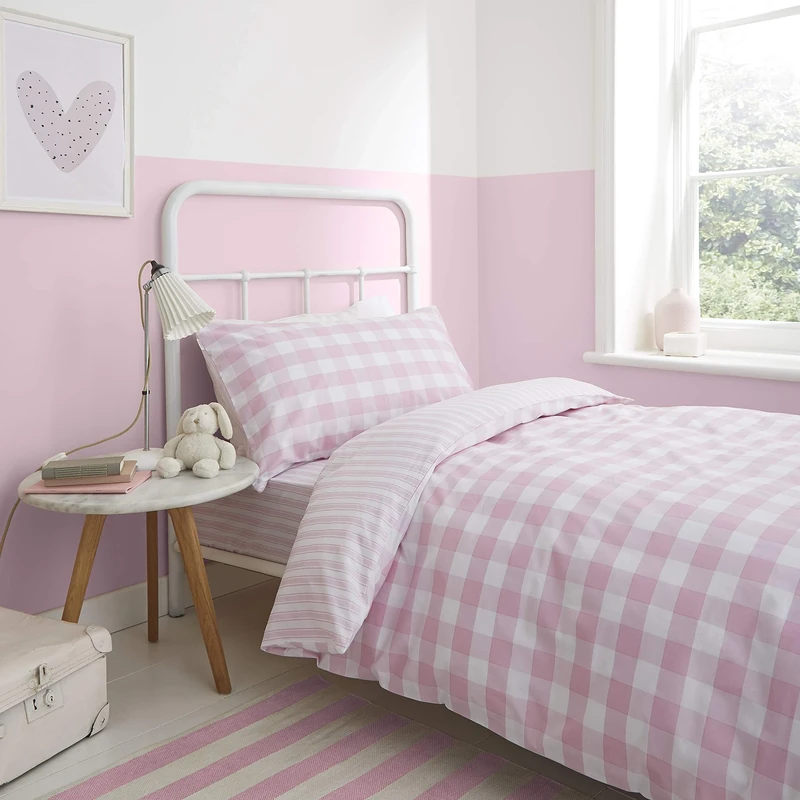 Bianca Cotton Soft Check and Stripe Pink Duvet Cover Set 200 x 220 + 50 x 80 (2) and Fitted Sheet 140 x 200 cm White