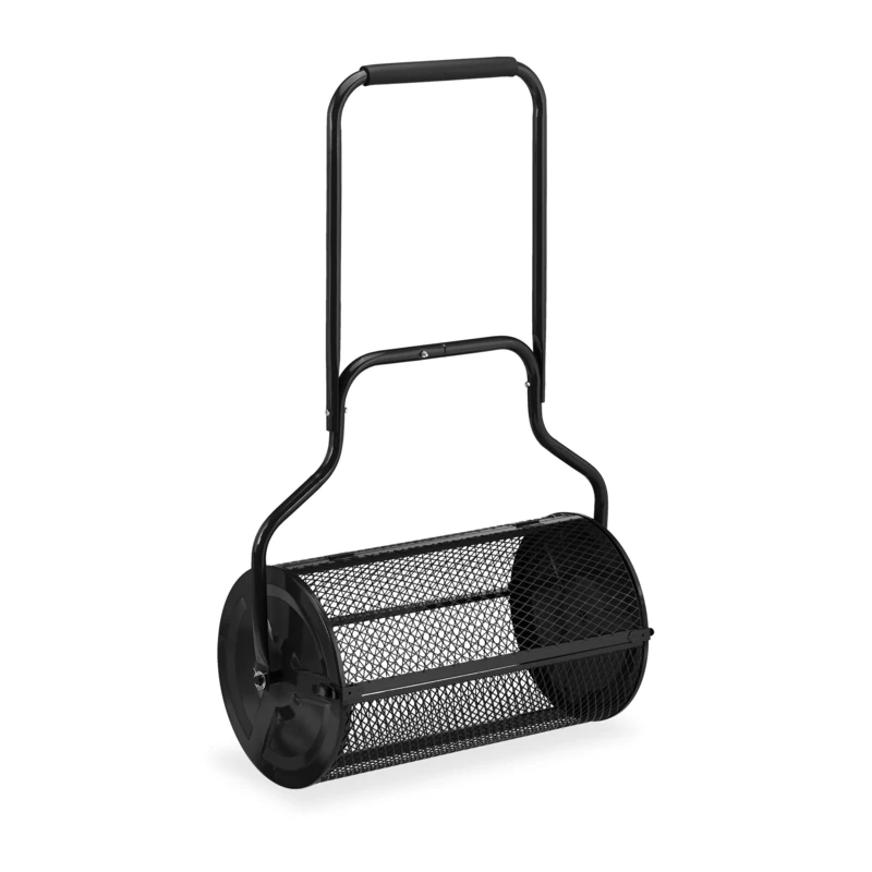 Relaxdays Compost Spreader for Lawns, Mesh Basket 65 L, Garden Peat Roller with Handle, HWD: 117x74x36 cm, Black