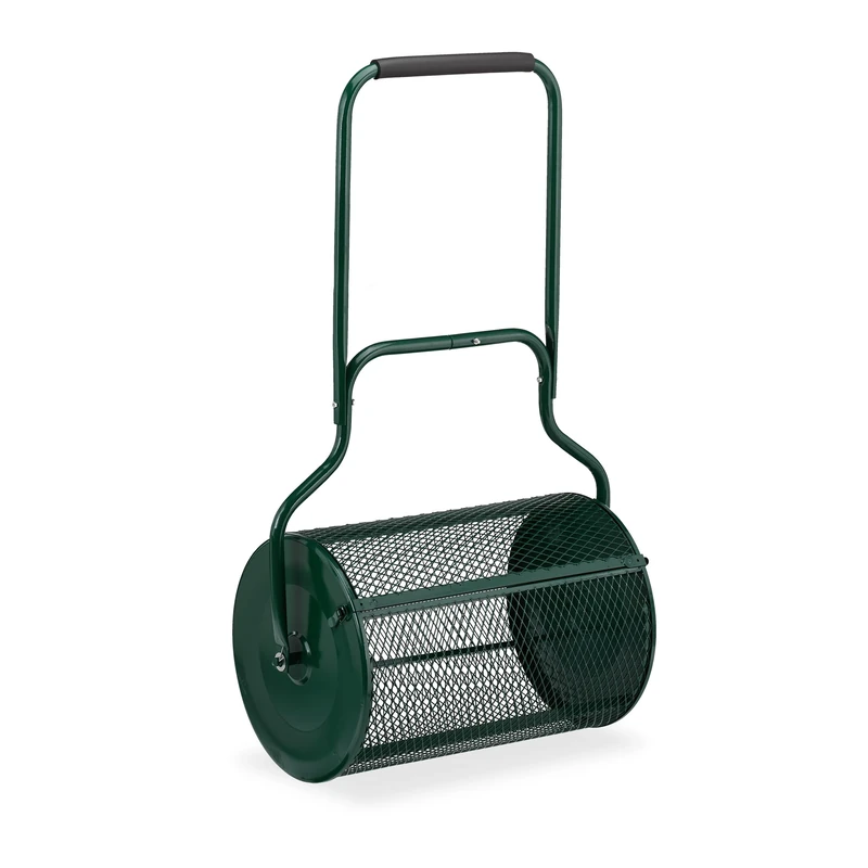 Relaxdays Compost Spreader for Lawns, Mesh Basket 75 L, Garden Peat Roller with Handle, HWD: 118x68x40 cm, Green, Foam, Steel
