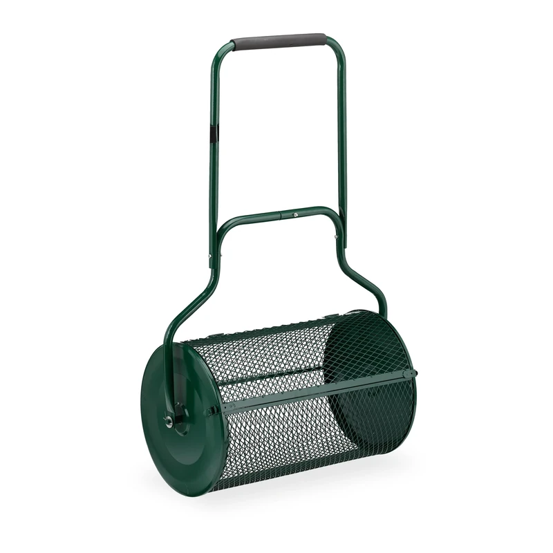 Relaxdays Compost Spreader for Lawns, Mesh Basket 80 L, Garden Peat Roller with Handle, HWD: 118x72x41 cm, Green, Foam, Steel
