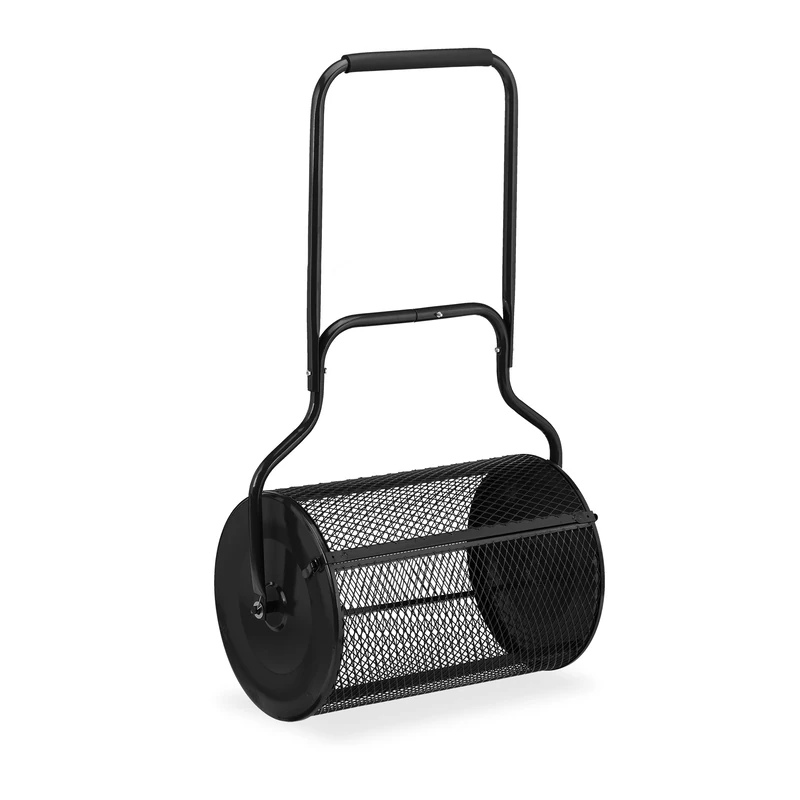 Relaxdays Compost Spreader for Lawns, Mesh Basket 75 L, Garden Peat Roller with Handle, HWD: 118x68x40 cm, Black, Steel, Foam