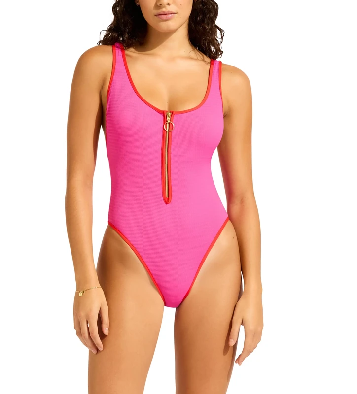 Seafolly Women's Retro Tank One Piece Swimsuit, Beach Bound Hot Pink/Flame, 8