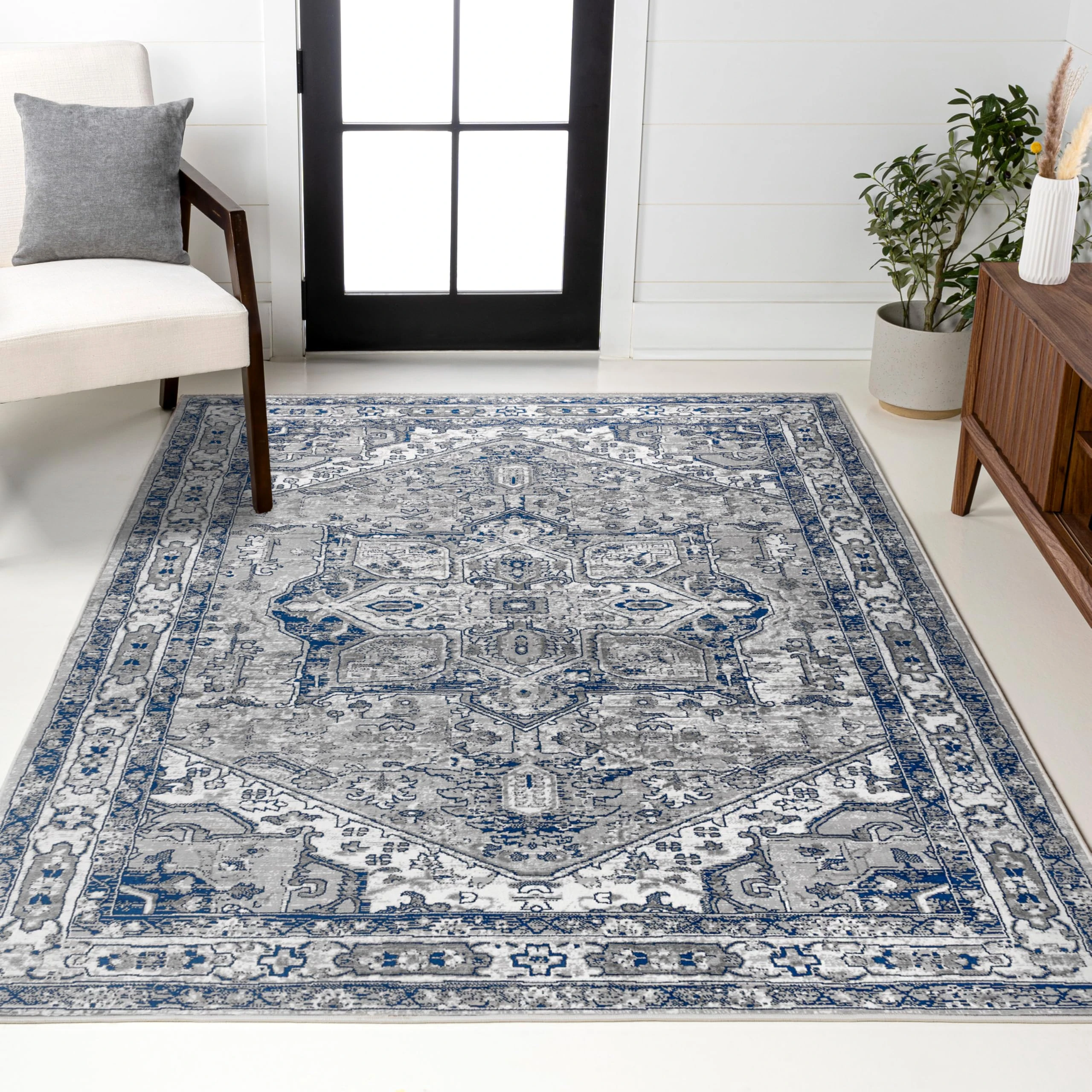 JONATHAN Y MDP106B-9 Modern Vintage Medallion Light Gray/Navy 9 ft. x 12 ft. Area Rug, Pet Friendly, Non-Shedding, Stain Resistant, Easy-Cleaning for Home, Bedroom, Living Room, Kitchen