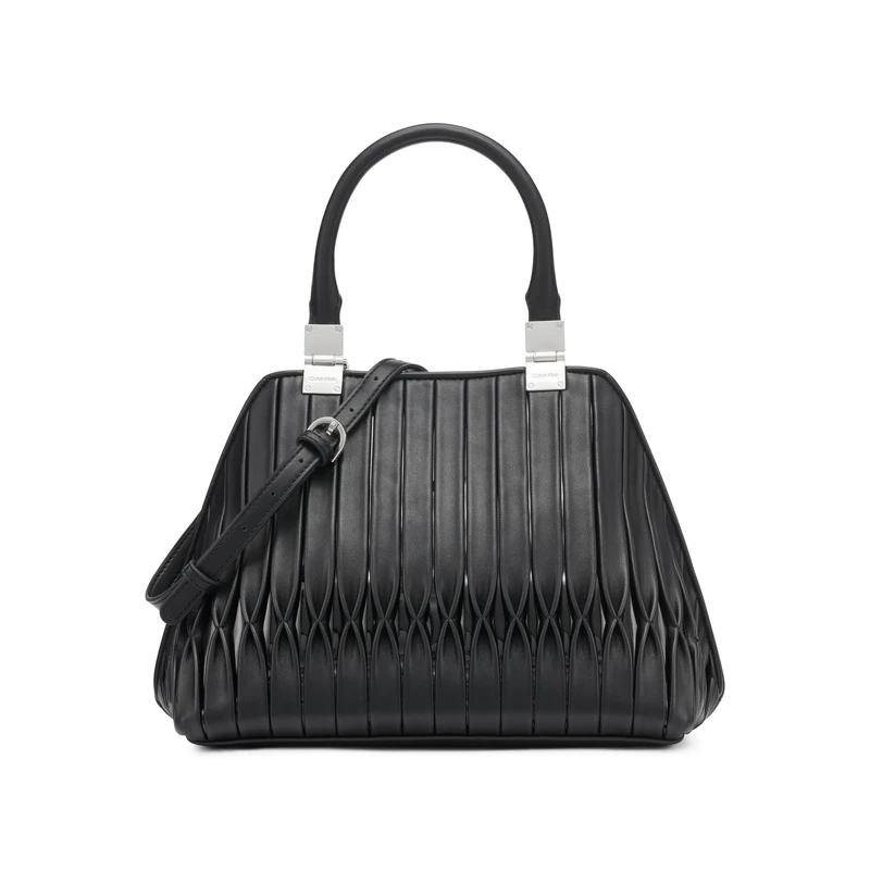Calvin Klein Women's Granite Geometric Satchel-2 in 1, Black/Silver Pintucks, One Size