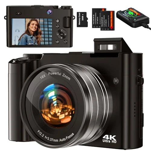 Digital Camera,64MP Vlogging Camera with 32G Memory Card Front and Rear Dual Cameras,4K Cameras with 16X Digital Zoom for Beginners(Charcoal)