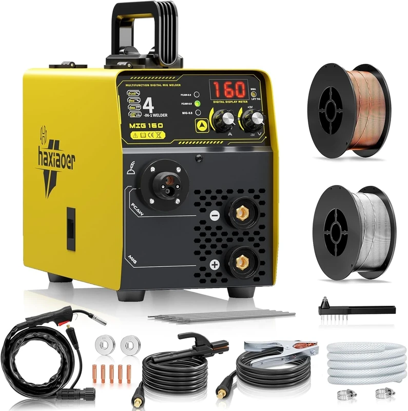 HAXIAOER 160A MIG Welder 4 in 1 Semi-Automatically Synergy Gas MIG/Gasless MIG/ARC/Lift TIG MIG Welding Machine with Solid Core Flux Core Wires, Yellow