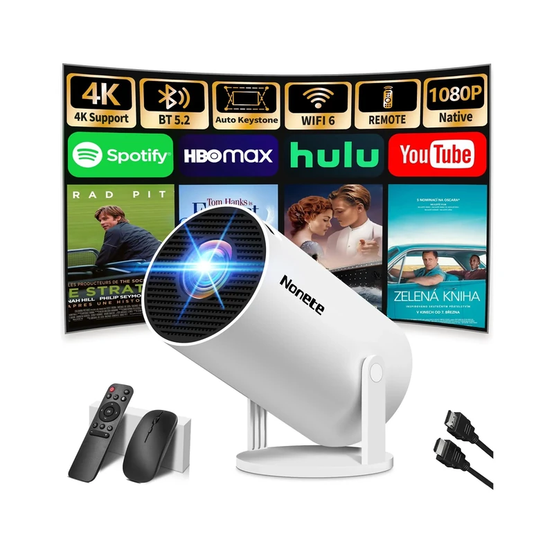 Mini Projector 4K 1080P Full HD Video Portable Projector Support with WiFi 6 & Bluetooth 5.2, Auto Keystone Adjustment Built-in Apps Smart with 270° Rotation for USB/TV Stick/HDMI-White