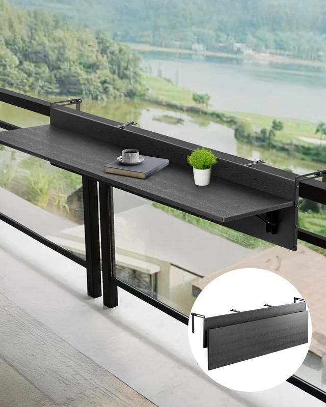 VEVOR Balcony Hanging Table, 12 x 59 in Folding Balcony Railing Table, Outdoor Balcony Bar Table for Railings, 50 lbs Loading, Fit Railing from 1" to 4.3", Serving Table for Patio & Deck
