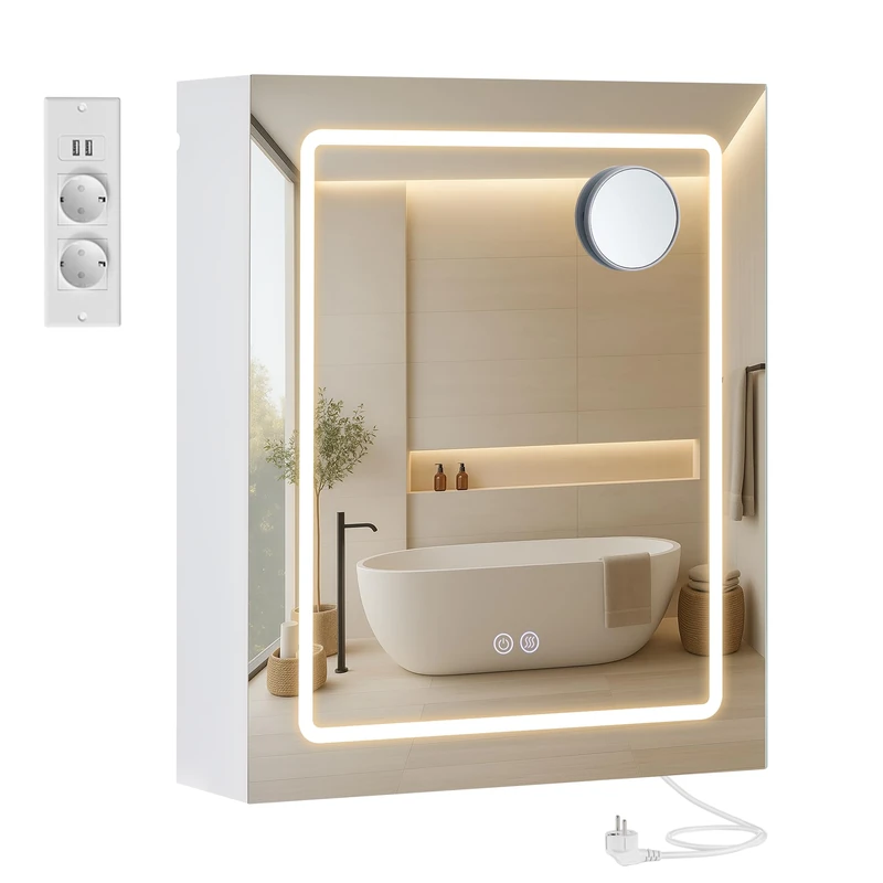 VASAGLE Kailyn Collection BBK133W01 Bathroom Wall Cabinet with Mirror, LED, Multi-Socket, Anti-Fog Function, 10x Magnifying Mirror, Modern Style, 16.5 x 50 x 60 cm, White - Image 1