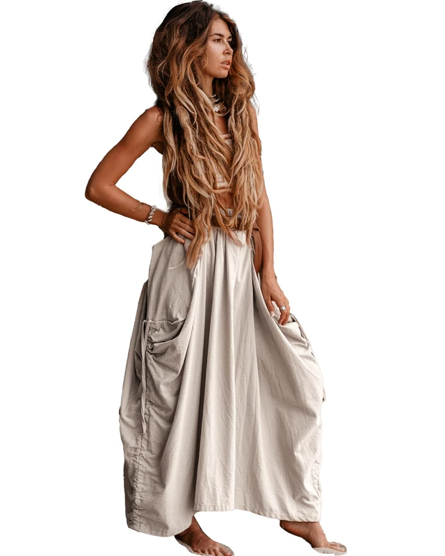 Thaluta Women's Maxi Boho Skirt with Pockets Bohemian Organic Cotton Hippie Gypsy, Ivory, One Size