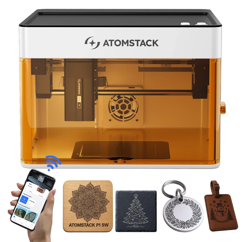 Atomstack P1 Portable Desktop Mini Engraving Machine – Engraver Cutter CoreXY Dual Motor 5W Blue Diode, 110x110mm Engraving Area, Free Atomstack App with Built-in Design Library, High-Speed