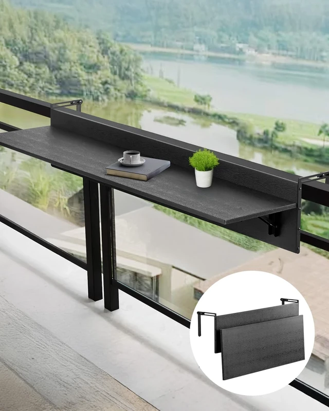 VEVOR Balcony Hanging Table, 12 x 32 in Folding Balcony Railing Table, 50 lbs Loading, Fit Railing from 1" to 4.3", Serving for Patio & Deck
