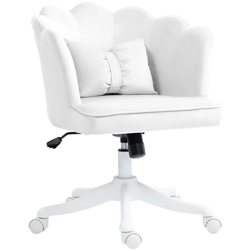 HOMCOM Computer Desk Chair, Armless Makeup Vanity Chair with Shell Back, Bow Pillow, Height Adjustable, Swivel Wheels for Home, Bedroom, White