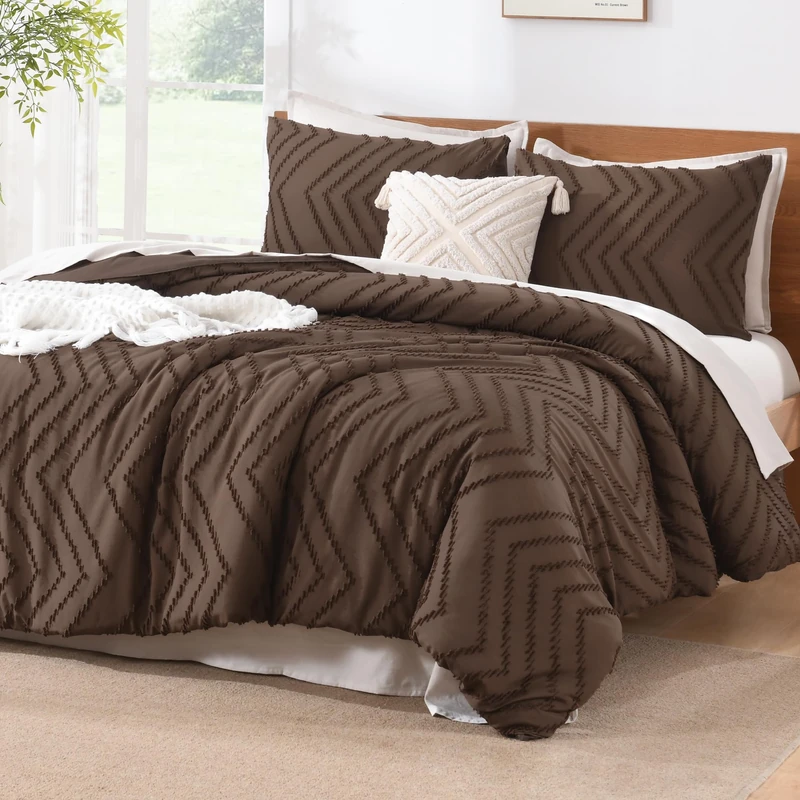 Litanika Brown Oversized King Comforter Set, 3 Pcs Boho Tufted Bedding Set