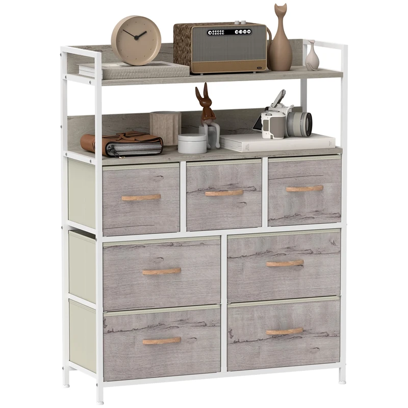 HOMCOM Bedroom Chest of Drawers, Fabric Dresser with 7 Drawers, Storage Organiser Unit with Open Shelves and Metal Frame for Living Room, Entryway, Natural Wood Finish