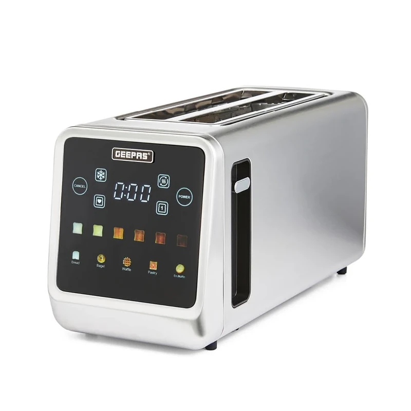 GEEPAS 5-in-1 DIGITAL 4 Slice Long Slot Toaster | Stainless Steel Housing, Extra Wide Slots LED Display & Timer | 6 Browning Level Cancel Defrost & Reheat Function Removable Crumb Tray | 1450W Silver