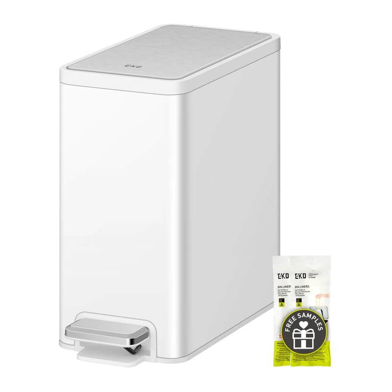 EKO Slim Small Bathroom Trash Can with Lid, Stainless Steel Small Garbage Can with Removable Inner Bucket, 6L / 1.6 Gal, Step On Trash Bin (White)