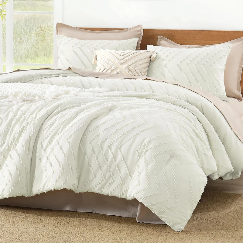 Litanika Ivory Super King Comforter Set, 3 Pcs Boho Tufted Bedding Set