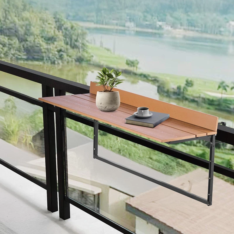 VEVOR Balcony Hanging Table, 15 x 39 in Folding Balcony Railing Table, Outdoor Balcony Bar Table for Railings, 5-Level Adjustable, Fit Railing from 1" to 3.7", Serving Table for Patio & Deck