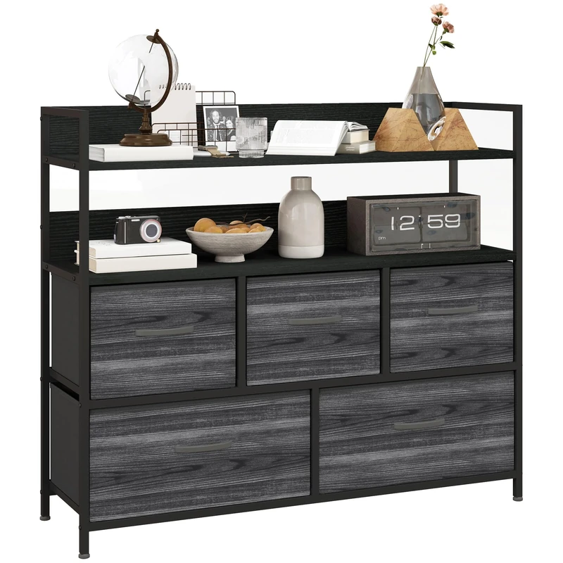 HOMCOM Bedroom Chest of Drawers, Fabric Dresser with 5 Drawers, Storage Organiser Unit with Open Shelves and Metal Frame for Living Room, Entryway, Black