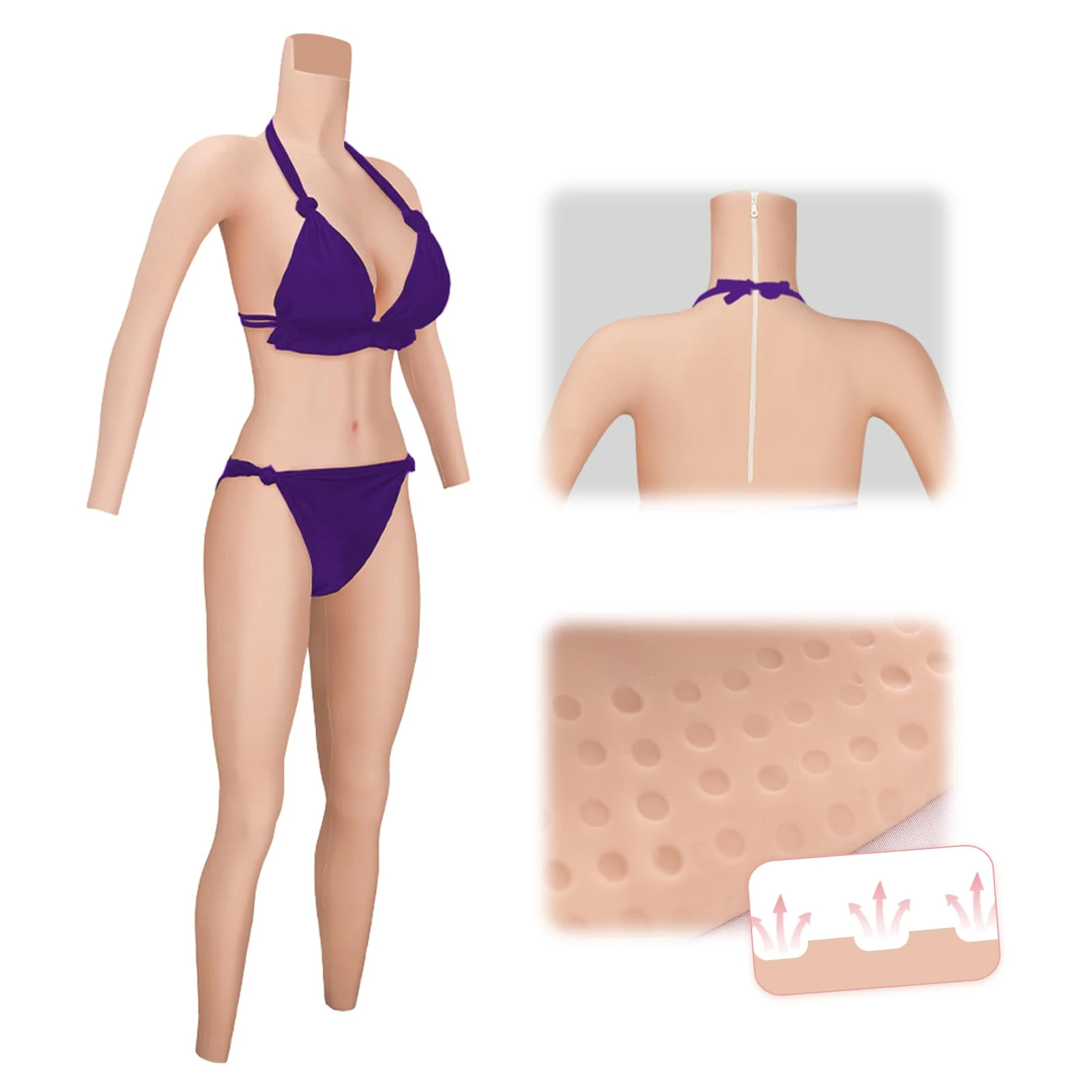 Minaky Silicone Bodysuit Breast Forms Fake Breastplate for Crossdresser Transgender Drag Queen Cosplay, Add Floating Design, Oil Free, With Zip Back