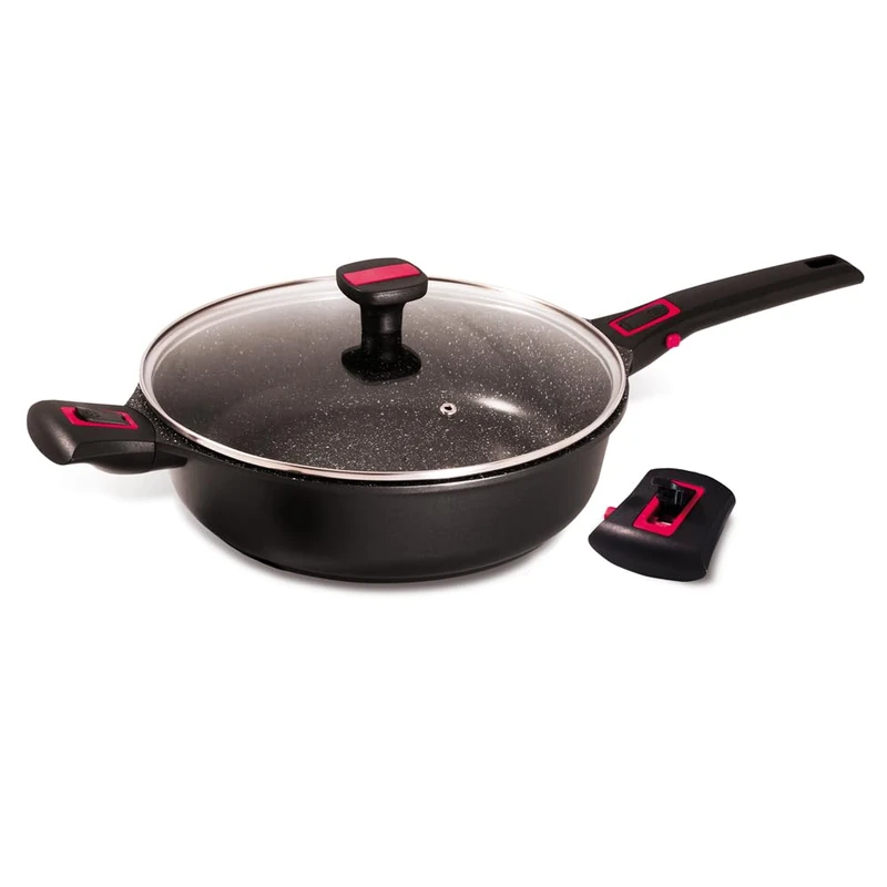 Baumalu, Granite Pro Sauté Pan with Glass Lid 28 cm - Non-Stick Ceramic Coating, Non-Deformable, Suitable for Gas, Induction and Electric Cookers, Black