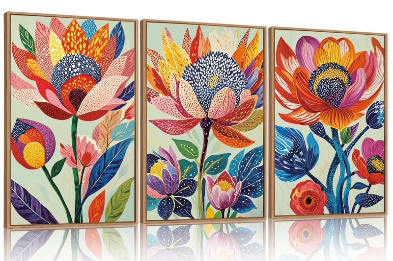HPINUB Abstract Botanical Floral Framed Canvas Wall Art Set,Colorful Dot Art Modern Flower Wall Decor,Vibrant Blooming Flowers Artwork Eye-Catching Boho Art Print for Living Room,Bedroom-24 x36 x3