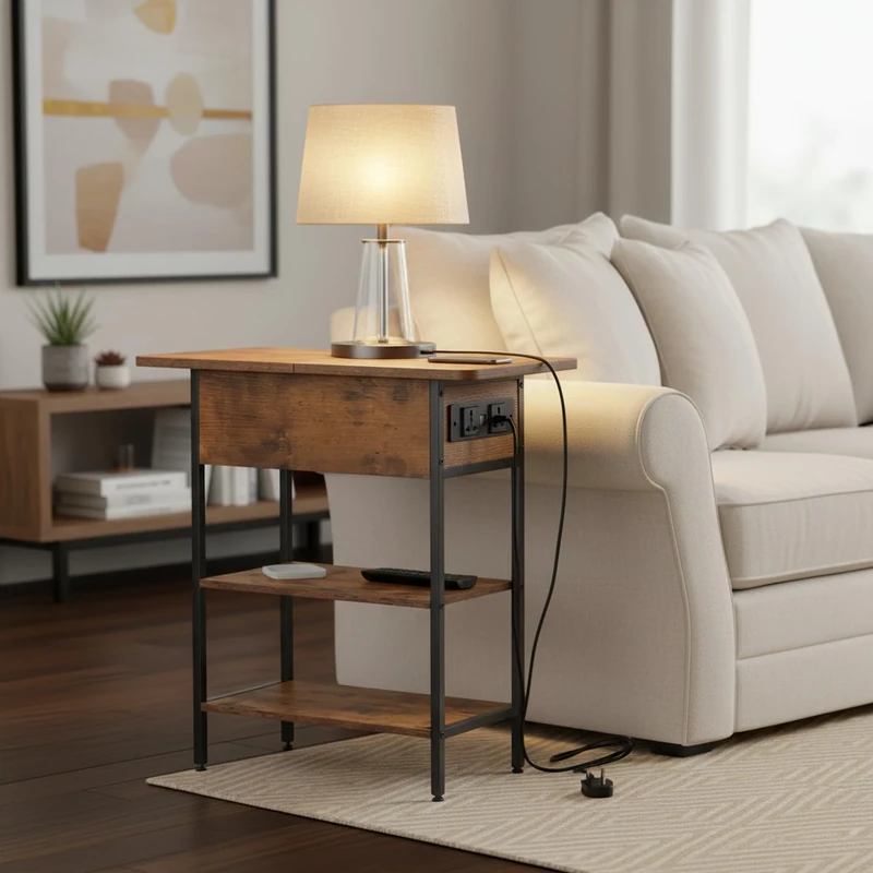 FurnitureR Industrial Slim Side Table Narrow Bedside Table Nightstand with USB and Power Outlets, 3-Tier Storage Shelves, Rustic Brown with Storage