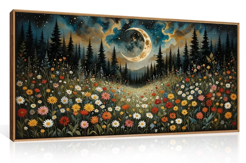 HPINUB Wildflower Moon Pine Tree Framed Canvas Wall Art Set,Nature Forest Wall Decor,Mystical Starry Night Artwork Rustic Mountain Landscape Art Print For Living Room,Bedroom,Office-20"x40"