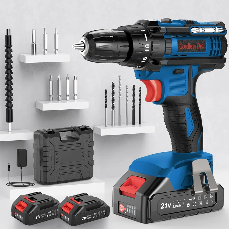 DYJPOW 21V Drill Driver - 42Nm Torque, 2x2000mAh Batteries, LED