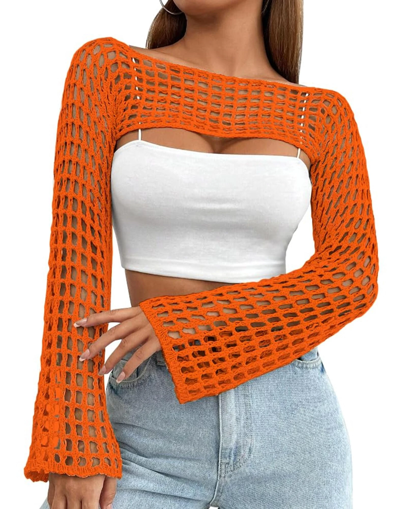 CAMNOW Womens Crochet Crop Tops Y2k Knit Shrug Sweater Hollow Out Long Sleeve Bikini See Through Cover Ups, Orange, Small