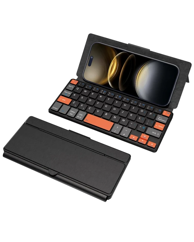 Doohoeek Dual Bluetooth Mini Keyboard for Phone, Portable Wireless Keyboard With Stand for iPhone, iPad Mini, Samsung Z Fold, Compatibel With iOS, Android and Windows, Orange&Black