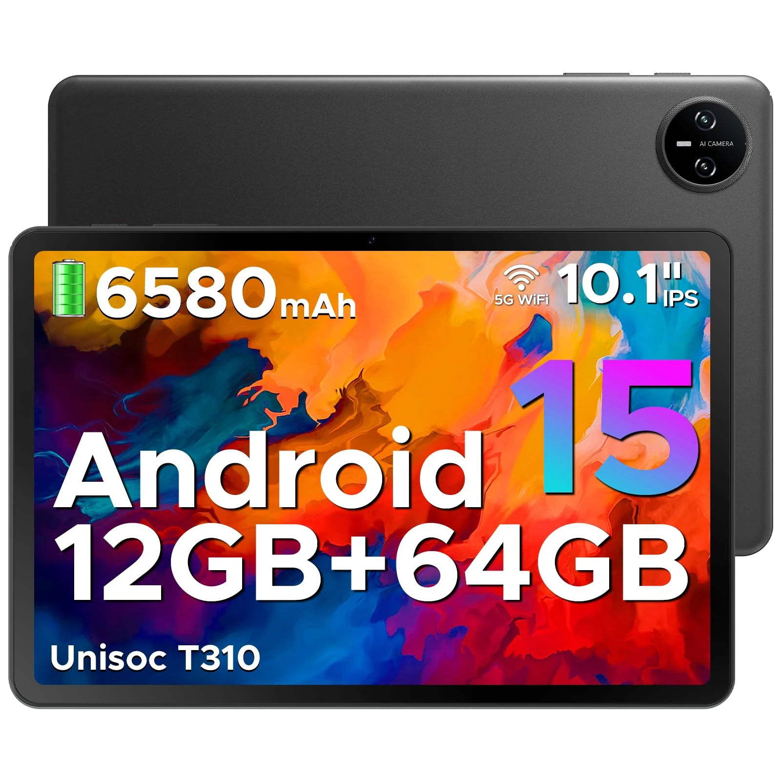 DOOGEE Tab A9 Android 15 Tablet 10 Inch(2025), Unisoc T310 Android Tablets 12GB RAM 64GB ROM(TF 2TB), 6580 mAh Battery, 5G WiFi|Dual Speaker|8MP AI Camera|Type-C|GMS|Bluetooth|Face ID|3.5mm Jack-Black