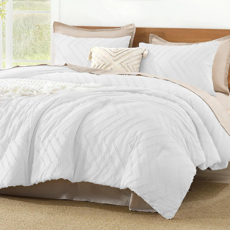 Litanika White Super King Comforter Set, 3 Pcs Boho Tufted Bedding Set
