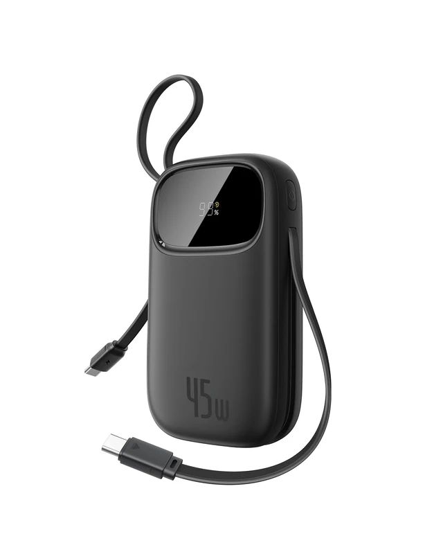 Baseus Powerbank 20000mAh 45W with Integrated USB-C Cable, Power Bank PD3.0 QC4.0 Fast Charging Battery Pack, 3 C and 1 A, Portable Charger for iPhone 17/Air/16/15/14 Pro Max, iPad, Galaxy, Black