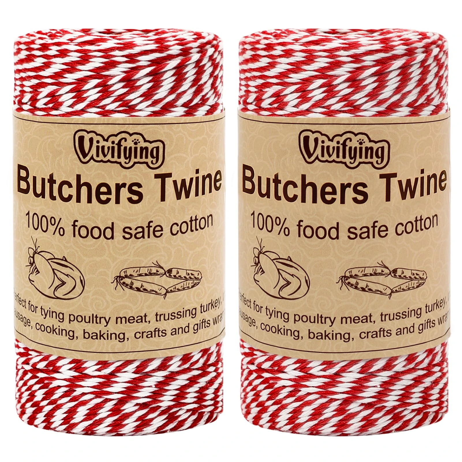 Vivifying Red and White Butchers Twine, 2pcs x 100 m 2mm Food Safe Cotton Cooking Twine, Ideal for Trussing Turkey, Roasting, Bacon, Pumpkin Bread, Festive Holiday Kitchen Use & Gift Wrapping