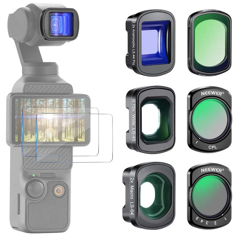 NEEWER 3 Pack ND Filter Set (Variable ND2-32, CPL, 1/4 Black Diffusion) & 0.75X Wide Angle Lens, 2X Macro Lens, 1.2X Blue Anamorphic Lens, Screen Protectors Compatible with DJI Osmo Pocket 3, FL-B28