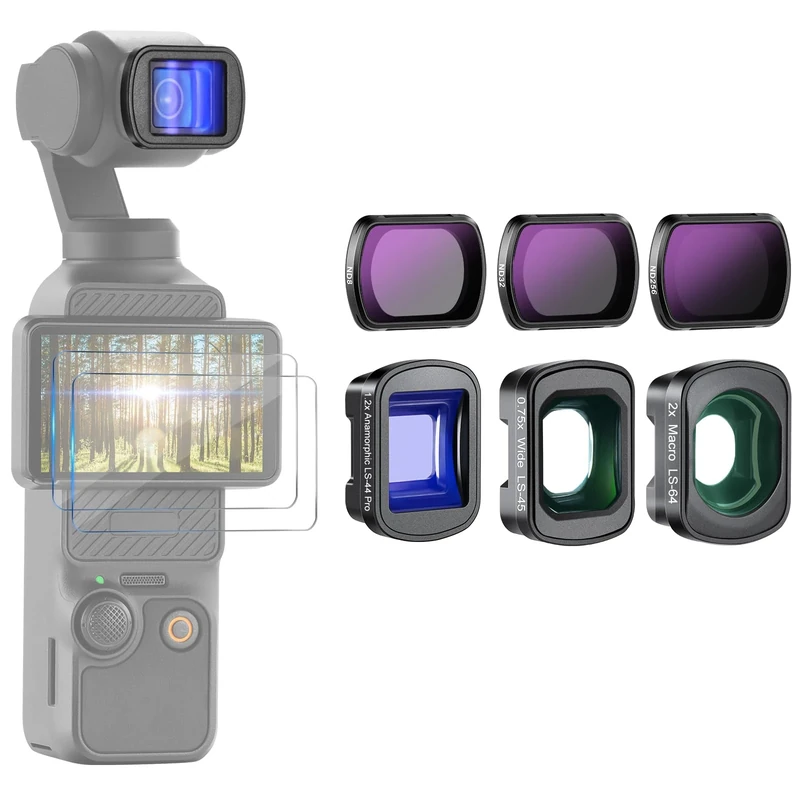 NEEWER 3 Pack ND Filter Set (ND8 ND32 ND256) with 0.75X Wide Angle Lens, 2X Macro Lens, 1.2X Blue Anamorphic Lens, Screen Protectors Compatible with DJI Osmo Pocket 3 Creator Combo Accessories, FL-B27