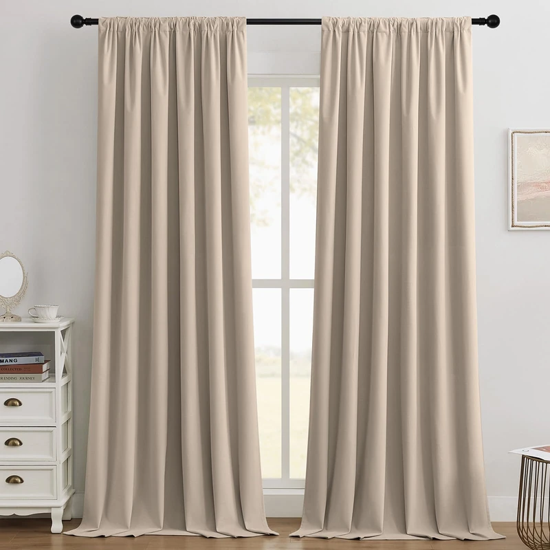 Joydeco Beige 100% Blackout Curtains 102 Inch 2 Panels, Luxury Thermal Beige Velvet Curtains for Bedroom Living Room, Soundproof Blackout Window Drapes, Rod Pocket & Back Tab (52W x 102L)