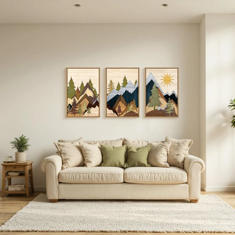 Ausri Boho Mountain Pine Tree Framed Canvas Wall Art Set -24"x36"x3