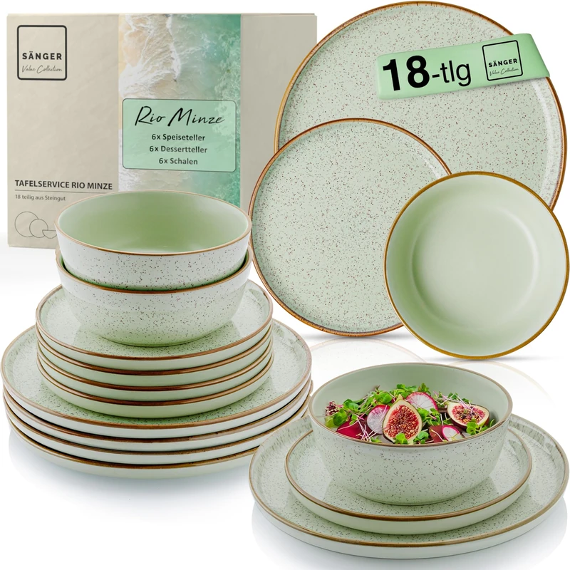 SÄNGER Rio Mint Dinner Service 18 Pieces, Stoneware Crockery Set for 6 People, 6 x Dinner Plates, 6 x Dessert Plates, 6 x Bowls Crockery Set and Bowl Mint Green Value Collection