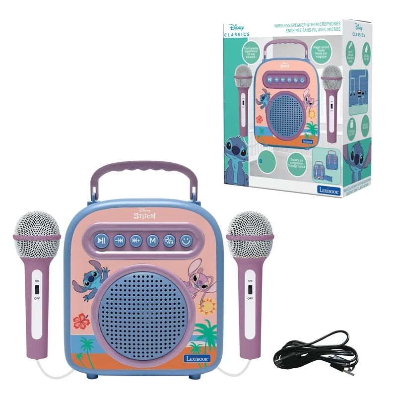 LEXIBOOK, Disney Stitch, Wireless Speaker with 2 Microphones, Pink/Blue, BTC050D