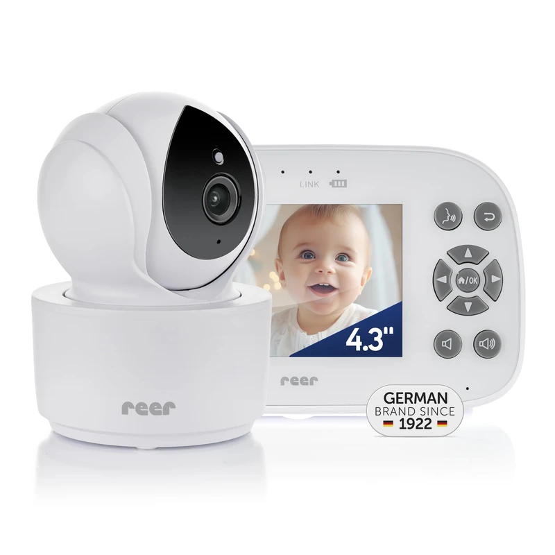 Reer BabyCam XL Move Digital Video Baby Monitor, Interception-Proof FHSS Technology, 4.3 Inch TFT Screen, 300 m Range, Pan & Tilt Camera, Night Vision, Intercom Function, White